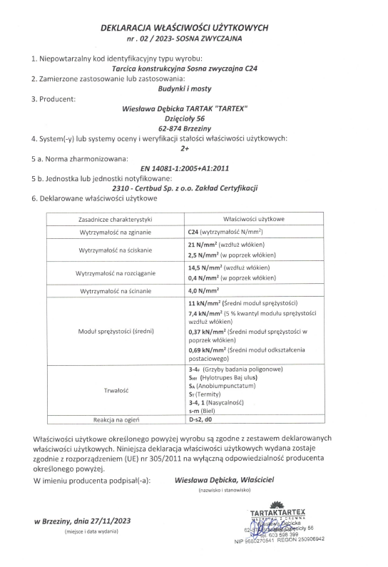 Deklaracja Właściwości Użytkowych - sosna zwyczajna