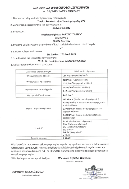 Deklaracja Właściwości Użytkowych - świerk